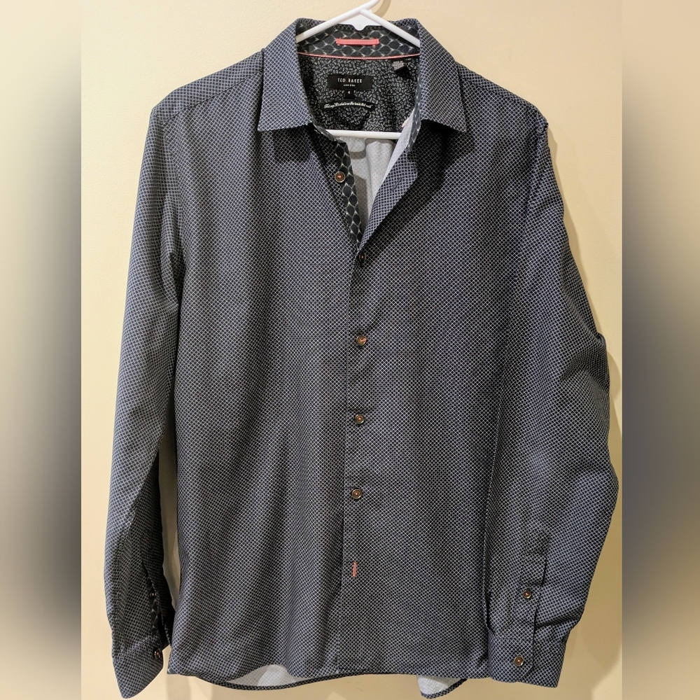Ted Baker Navy & White Geometric Button Down ~ Sz 4